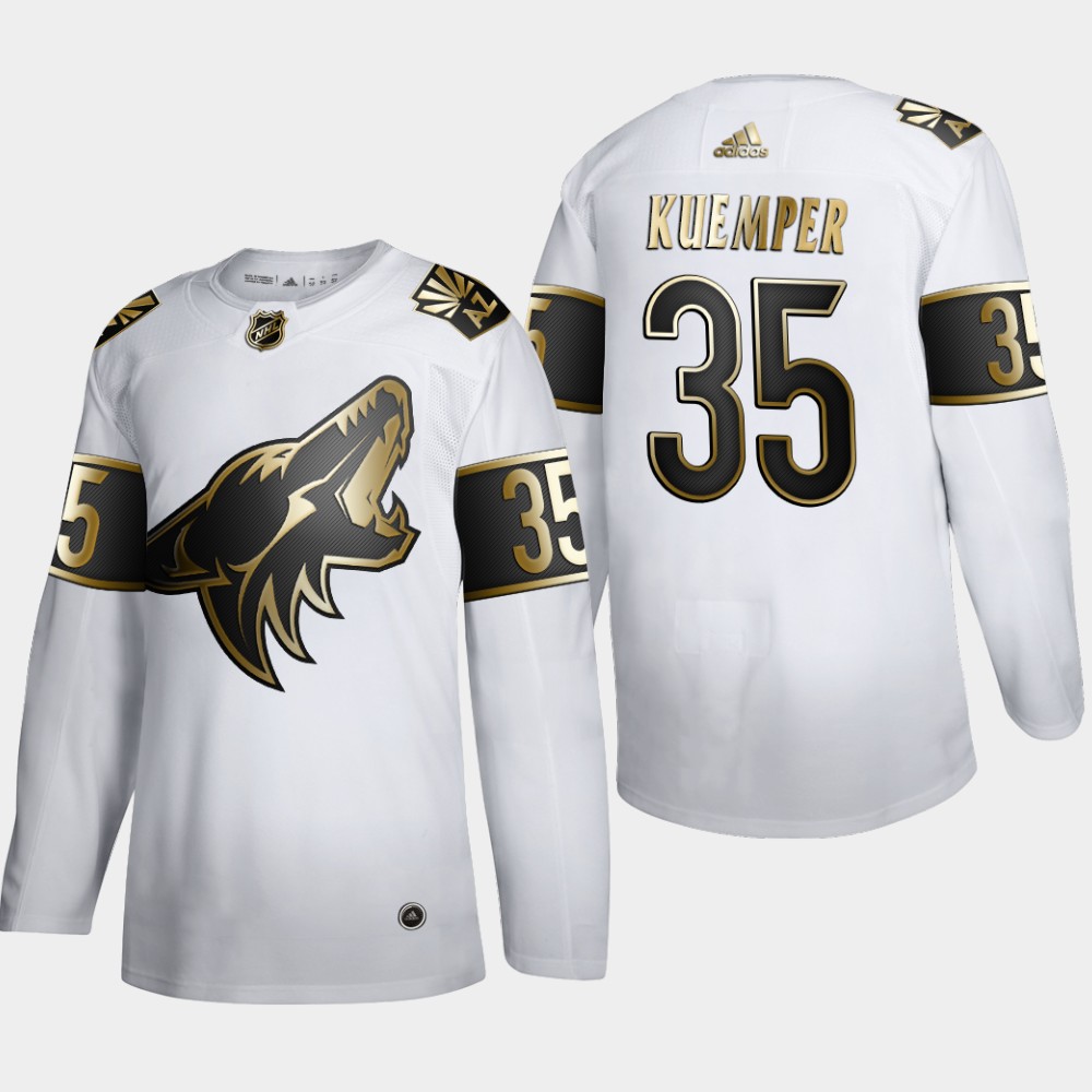 Cheap Arizona Coyotes 35 Darcy Kuemper Men Adidas White Golden Edition Limited Stitched NHL Jersey